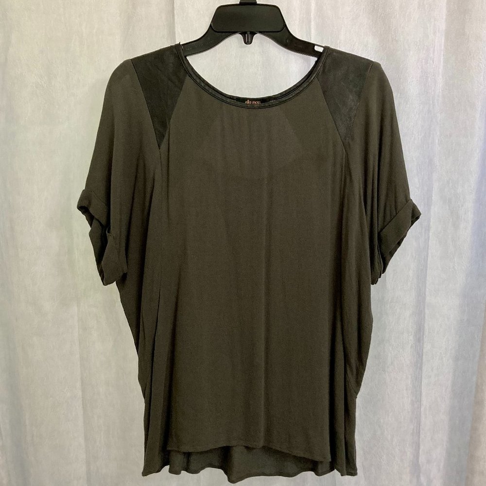 Flattering Sheer Rayon Blouse with Faux Leather Accents & Trim